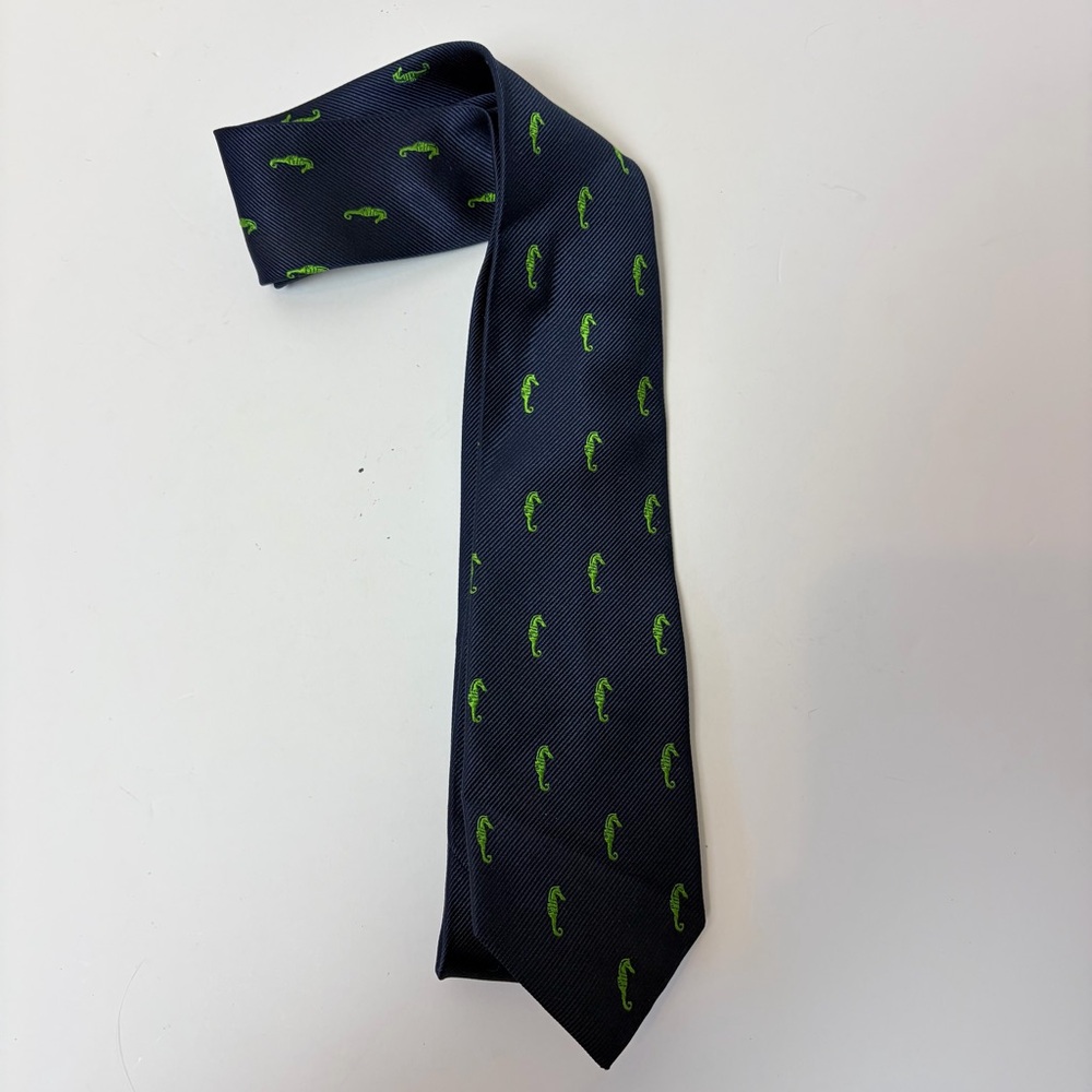 J. Crew Navy and Green Seahorse The Silk Tie 100% Silk Tie